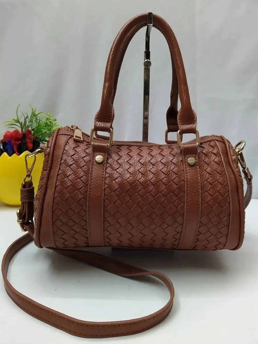 Madison West Brown Woven Limited Edition Zipper Closure Satchel Bag